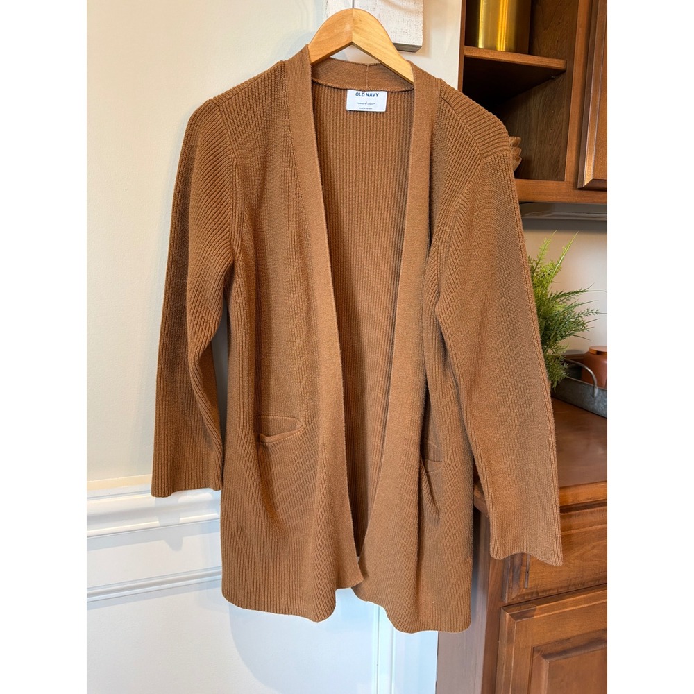 Old Navy Cardigan Women Large Brown Ribbed Open Front Longline Pocket Academia